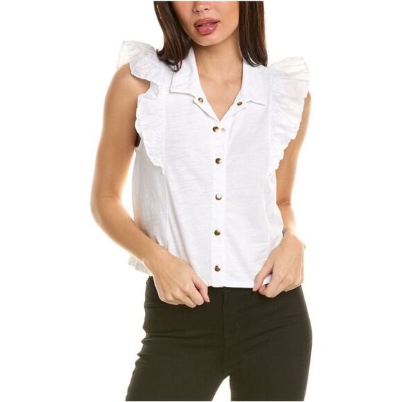 Nation LTD Archer Ruffled White Cotton Button Up Shirt Medium - Picture 3 of 10